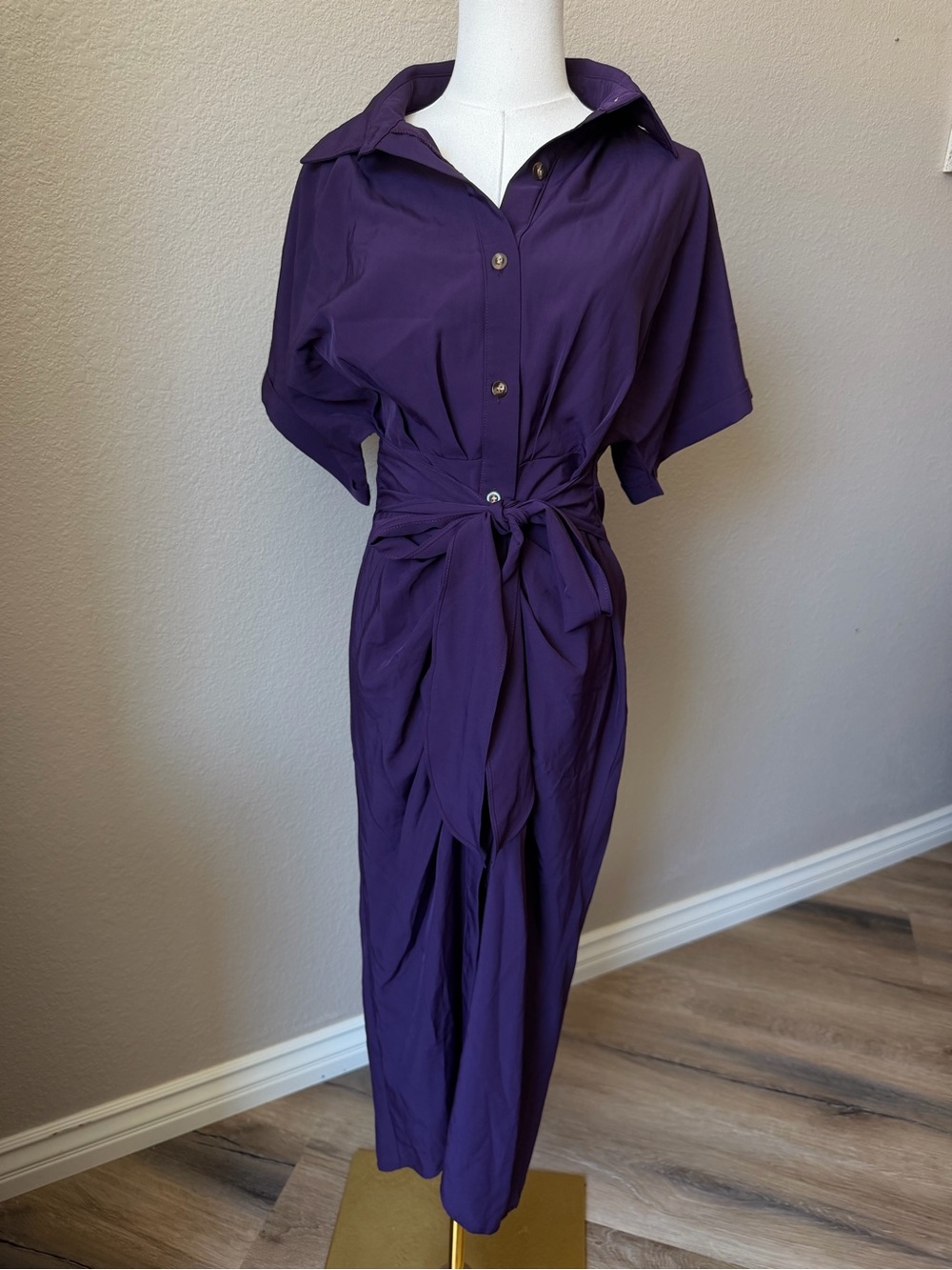 NWOT Button-Front Midi Shirt Dress with Tie Waist in Purple, Small